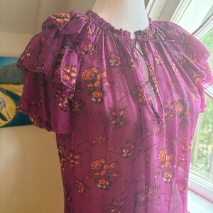 Designer Ulla Johnson Ren Floral Silk Ruffle Blouse